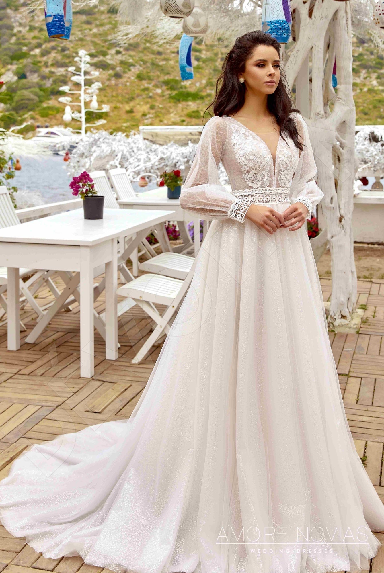 Maxa A-line Deep V-neck Milk Blush Wedding dress