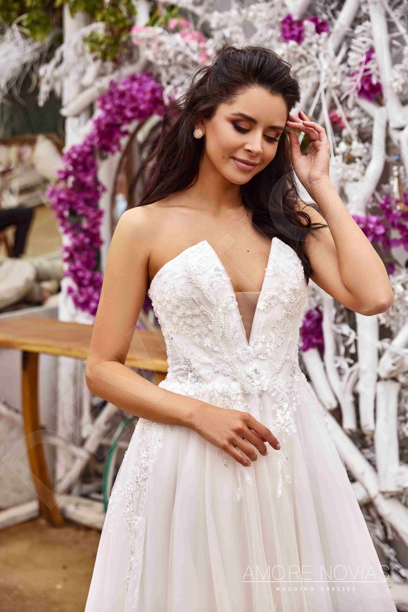 Casey A-line Deep V-neck Milk Blush Wedding dress