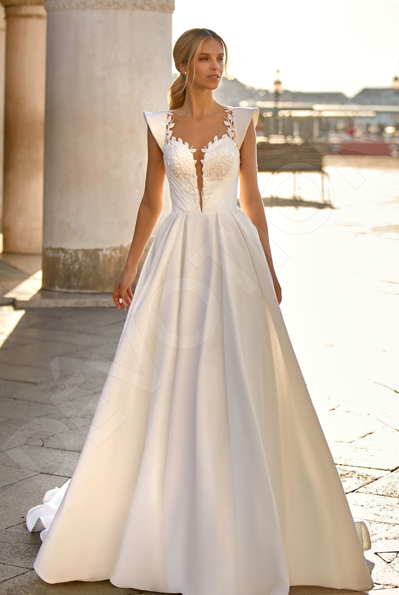 Emille A-line Deep V-neck Ivory Wedding dress Front