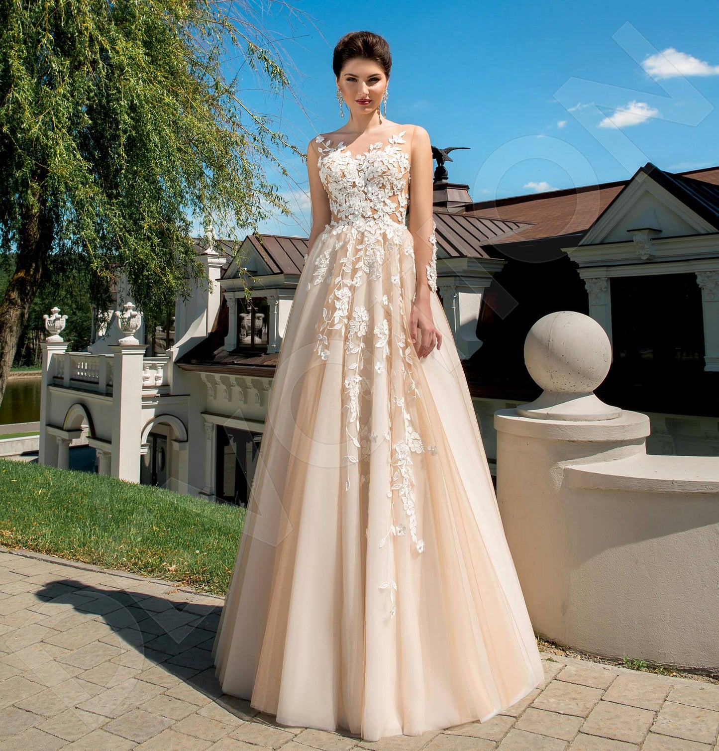 Ludovika Illusion back A-line 3/4 sleeve Wedding Dress Front