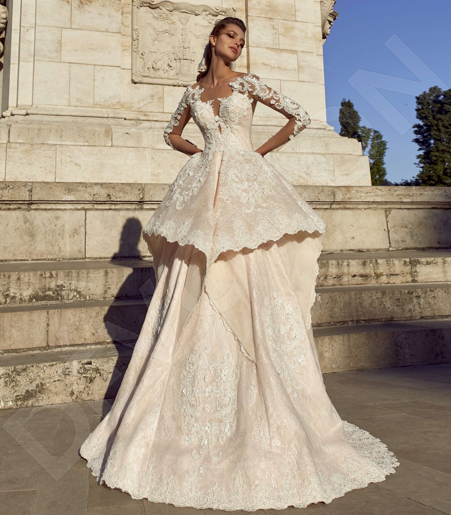 Fuella Open back Princess/Ball Gown 3/4 sleeve Wedding Dress Front