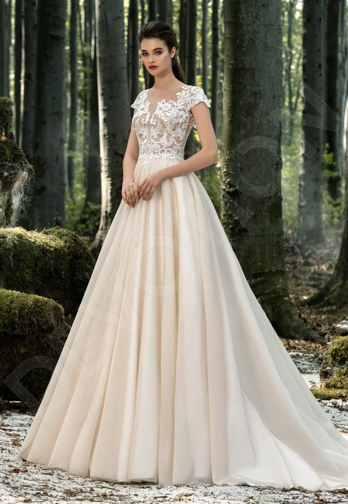 Sidra Illusion back A-line Short/ Cap sleeve Wedding Dress Front