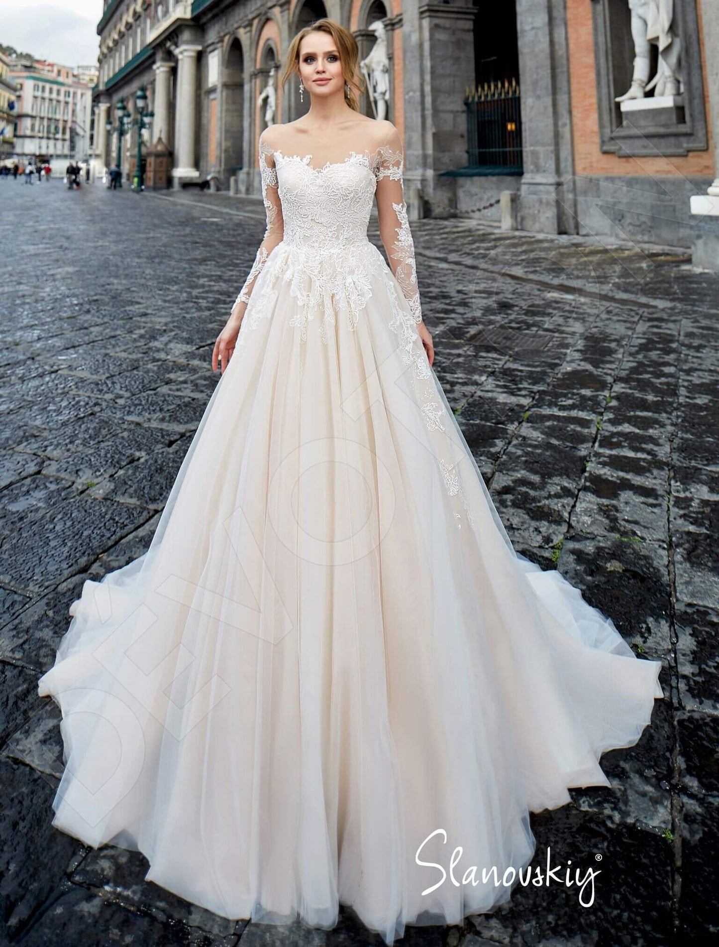 Nansia Illusion back A-line Long sleeve Wedding Dress Front