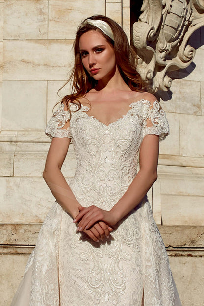 Luminara Illusion back A-line Short/ Cap sleeve Wedding Dress 3