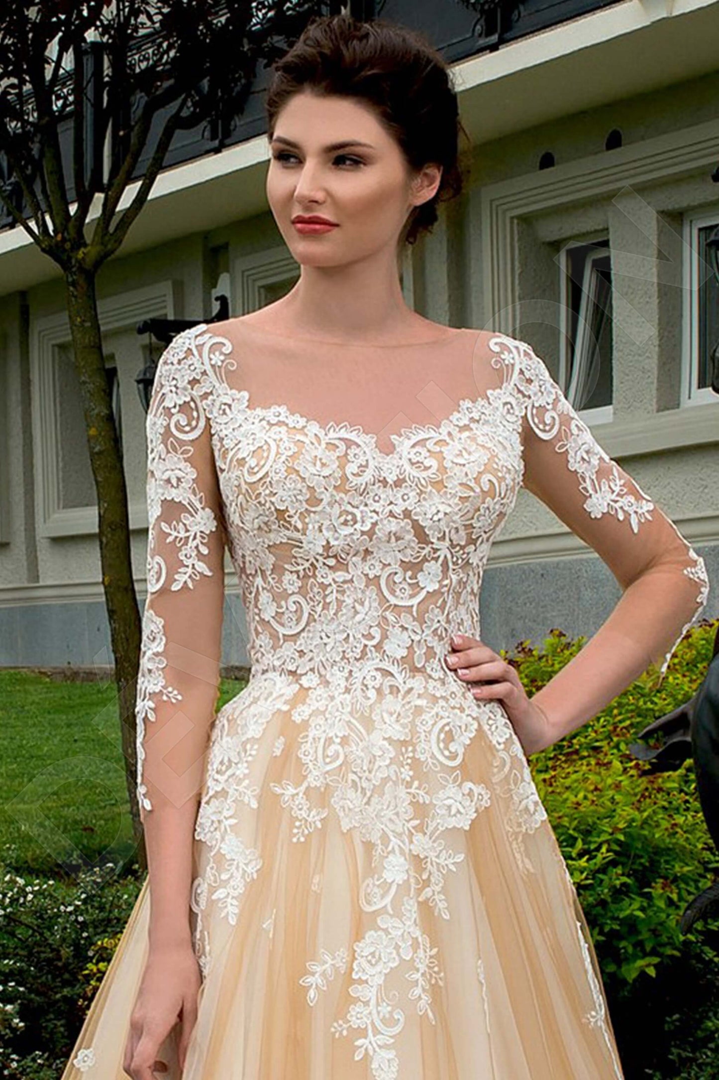 Dallacy Illusion back A-line 3/4 sleeve Wedding Dress 4
