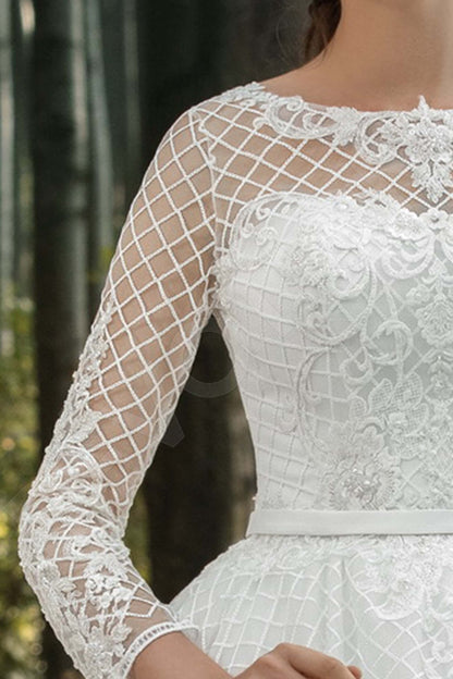 Satina Illusion back A-line Long sleeve Wedding Dress 5