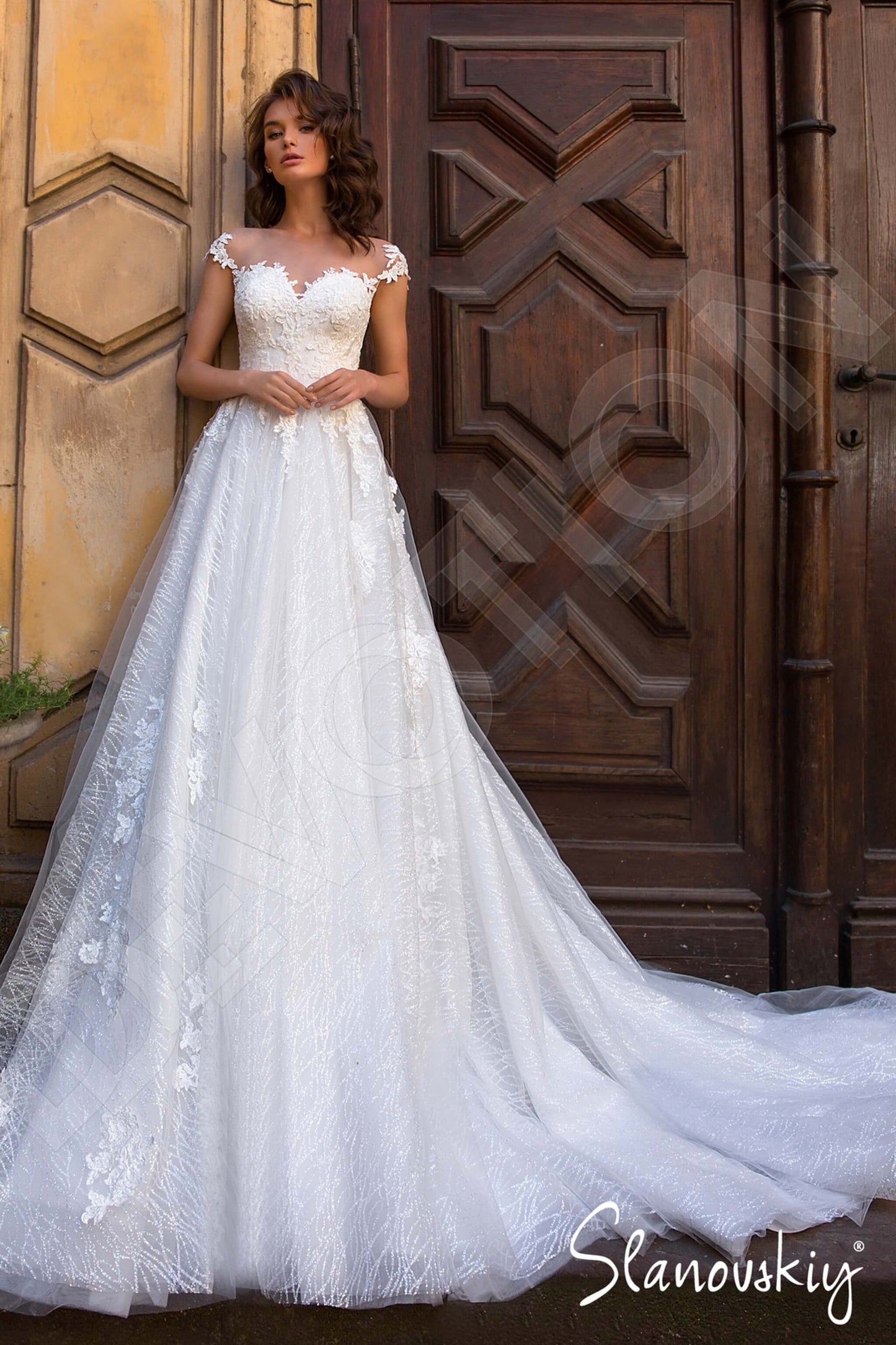 Malvina Illusion back A-line Short/ Cap sleeve Wedding Dress Front
