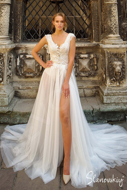 Ivetta Open back A-line Short/ Cap sleeve Wedding Dress Front