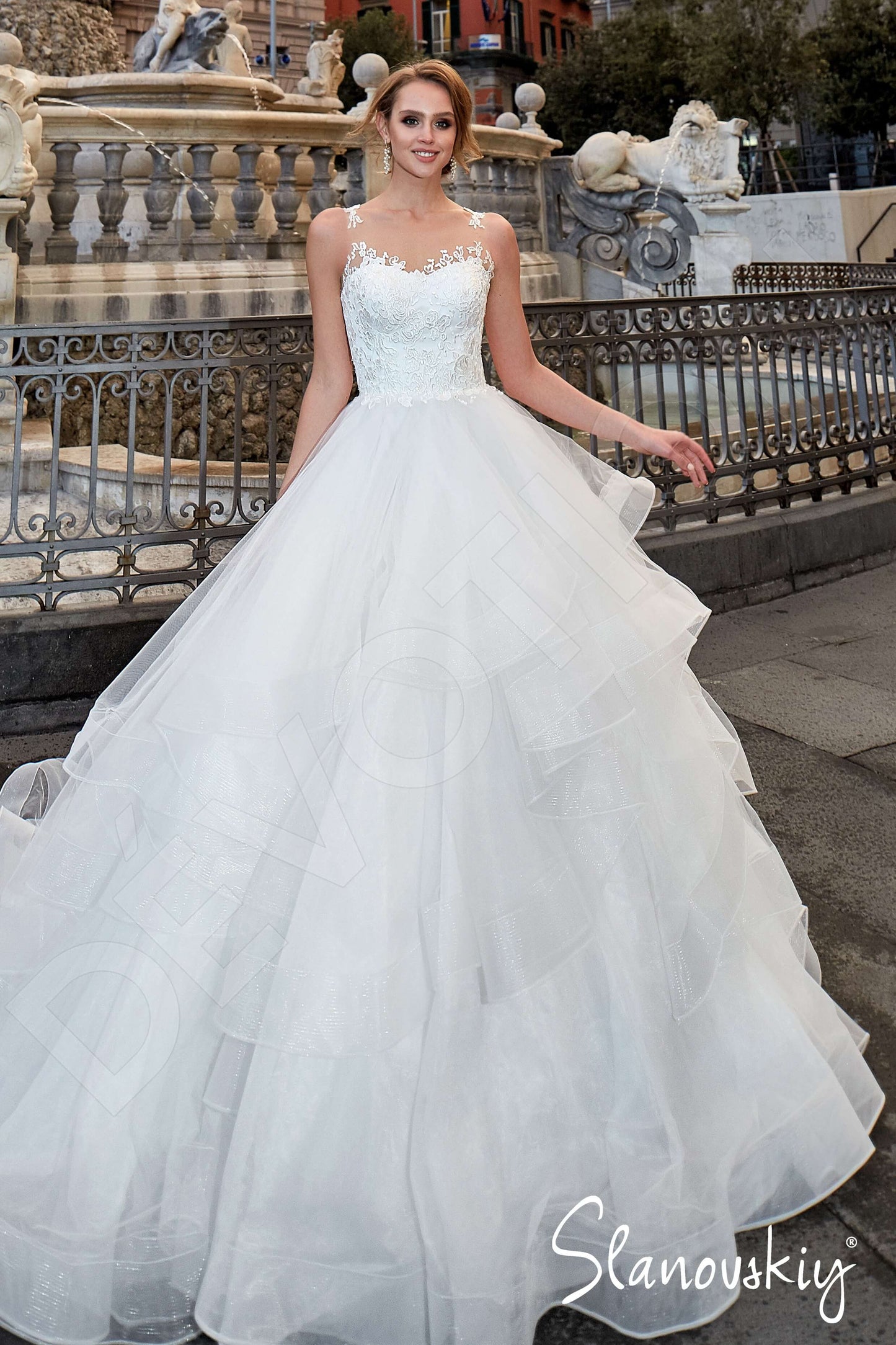 Elania Illusion back Princess/Ball Gown Sleeveless Wedding Dress Front