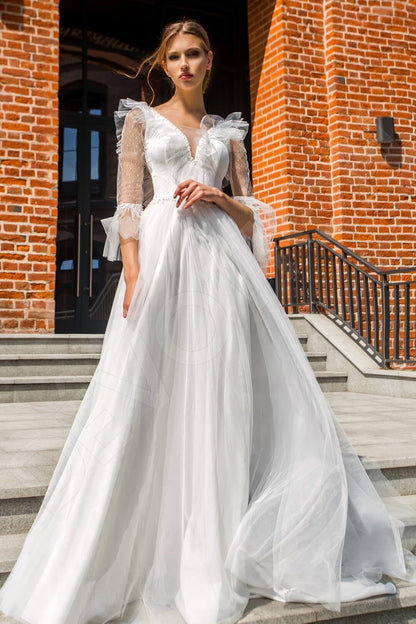 Michele Criss cross back A-line 3/4 sleeve Wedding Dress Front