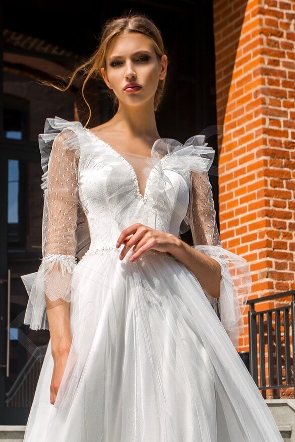 Michele Criss cross back A-line 3/4 sleeve Wedding Dress 6