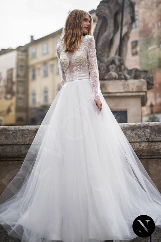 Glitter Mesh Lace Plunging V Neck Fall Wedding Dress - VQ