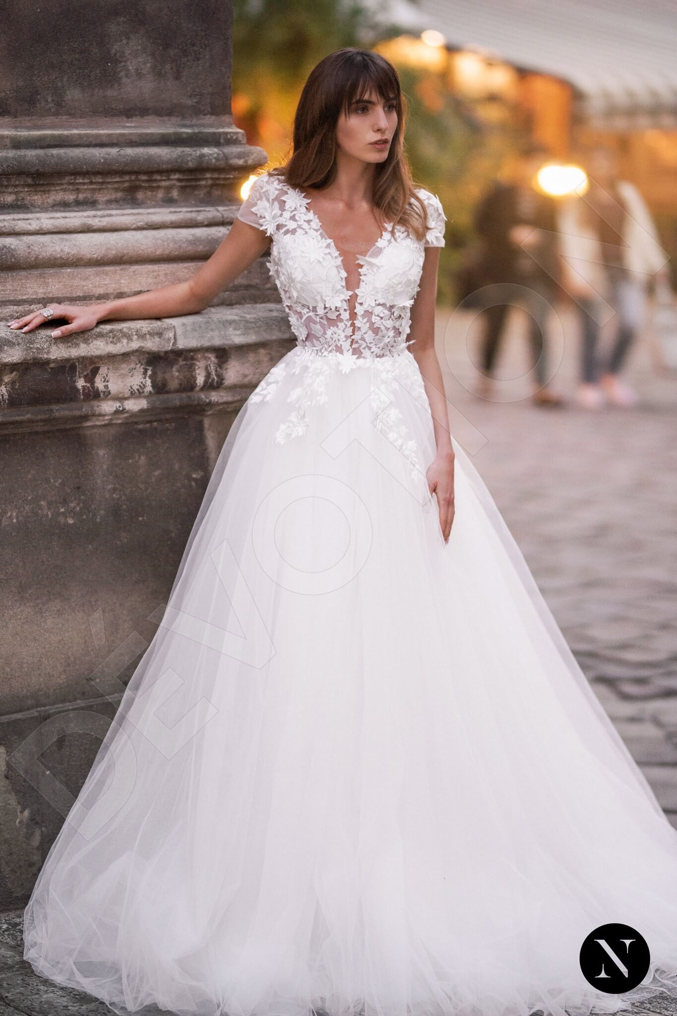 Flore Open back A-line Short/ Cap sleeve Wedding Dress Front