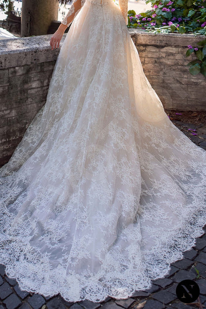 Diamante Full back A-line Long sleeve Wedding Dress 7