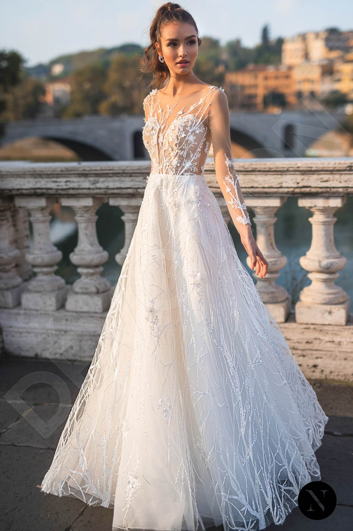 Degna Full back A-line Long sleeve Wedding Dress Front