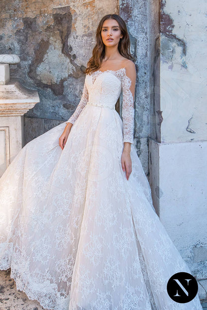 Diamante Full back A-line Long sleeve Wedding Dress Front