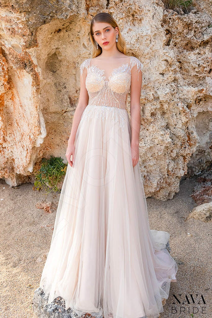 Elisija Full back A-line Short/ Cap sleeve Wedding Dress Front