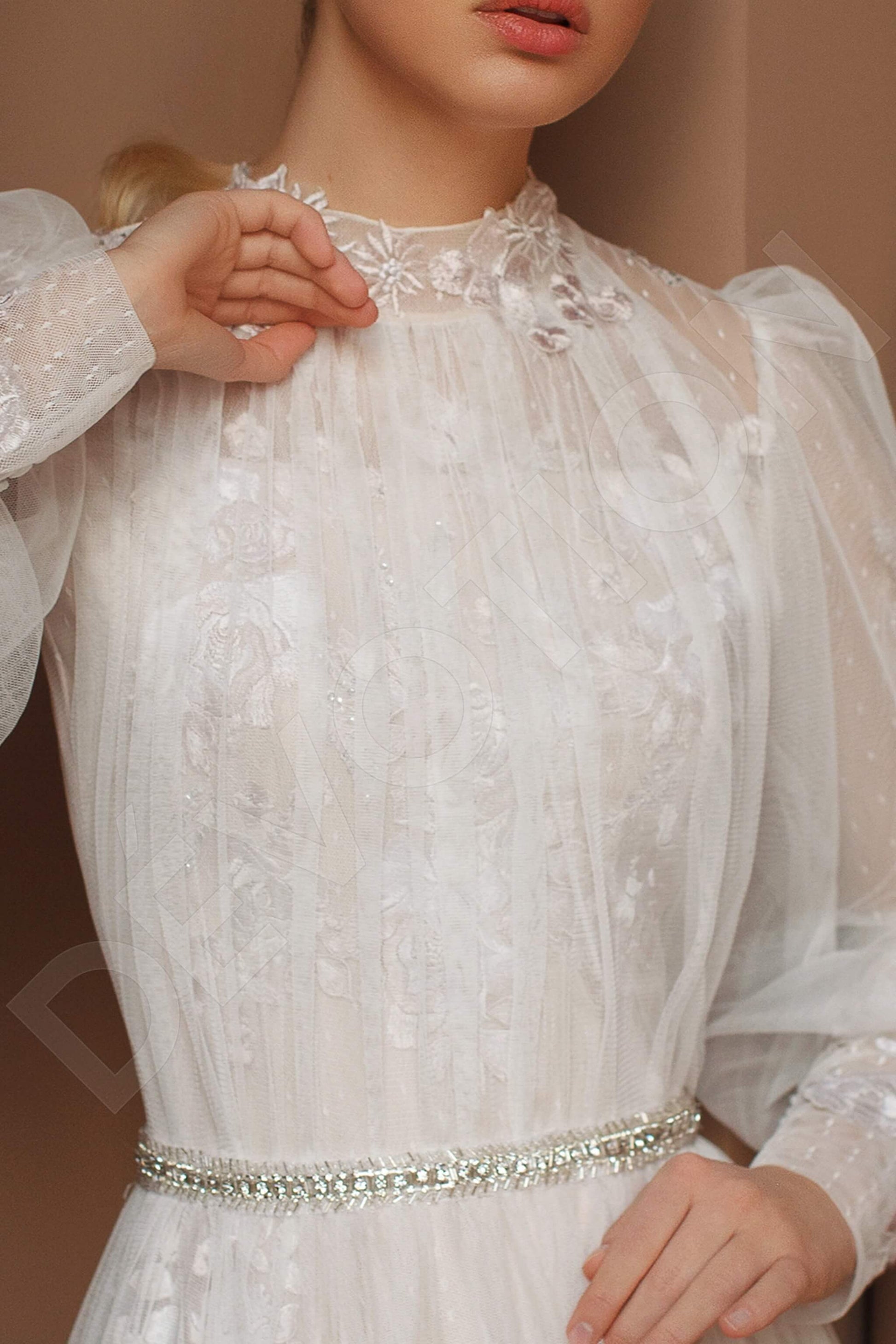 Lidina A-line High neck Milk Powder Wedding dress