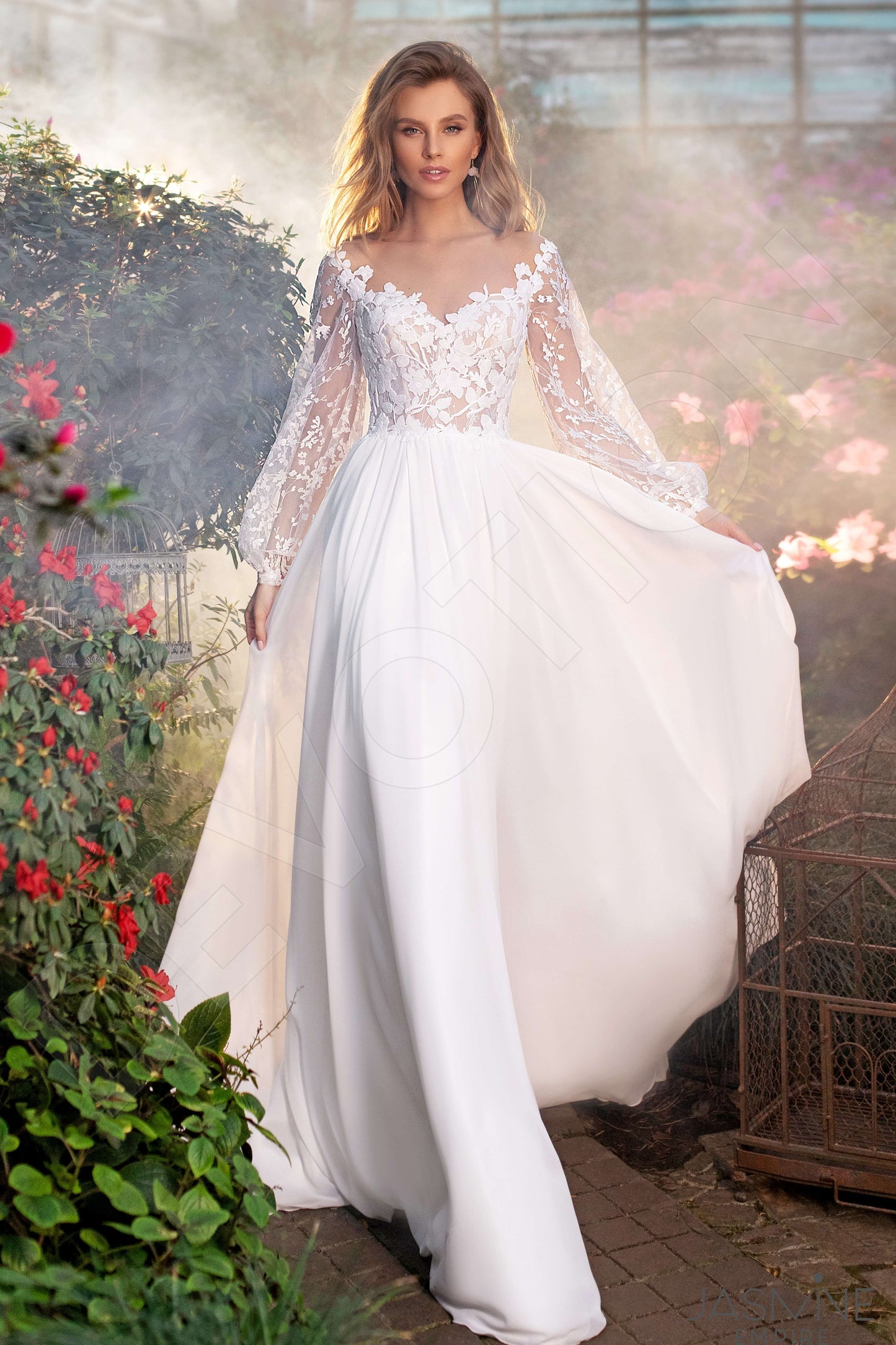 Elara Illusion back A-line Long sleeve Wedding Dress Front