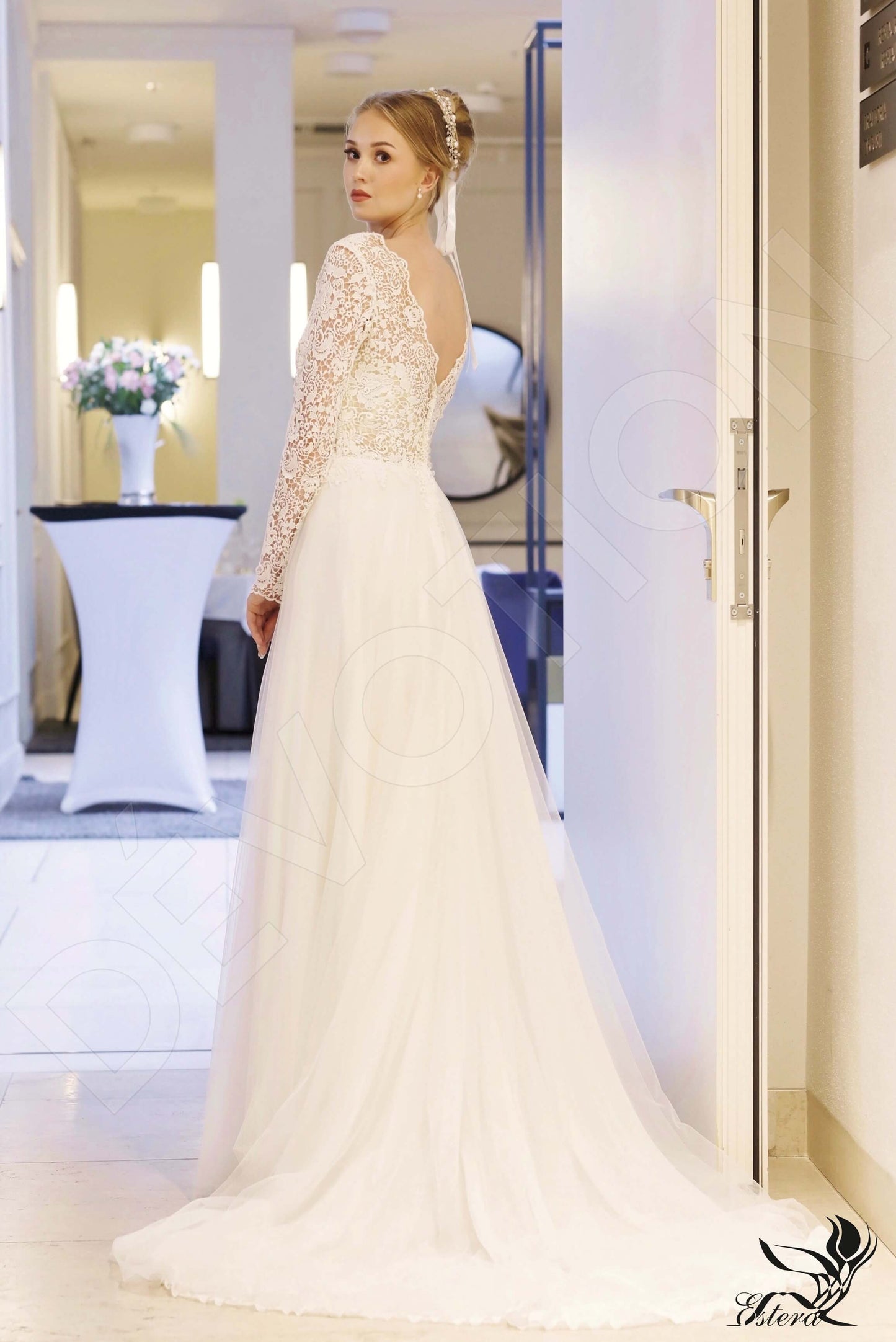 Nalia Open back A-line Long sleeve Wedding Dress Back