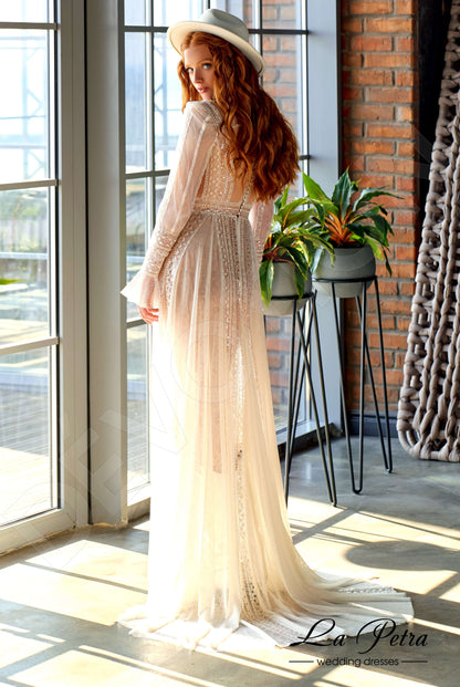 Palomia Illusion back A-line Long sleeve Wedding Dress Back