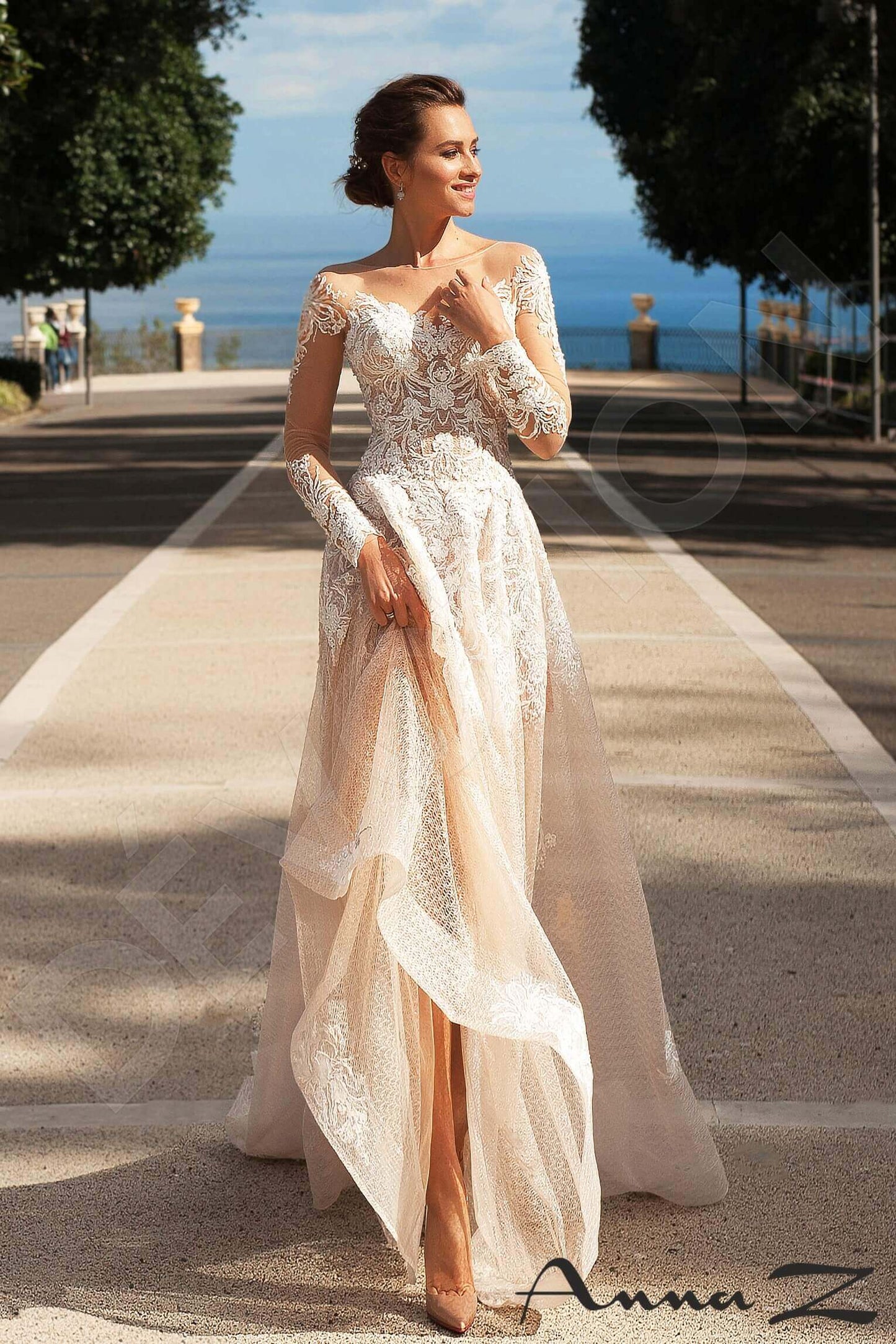 Aglea Illusion back A-line Long sleeve Wedding Dress Front
