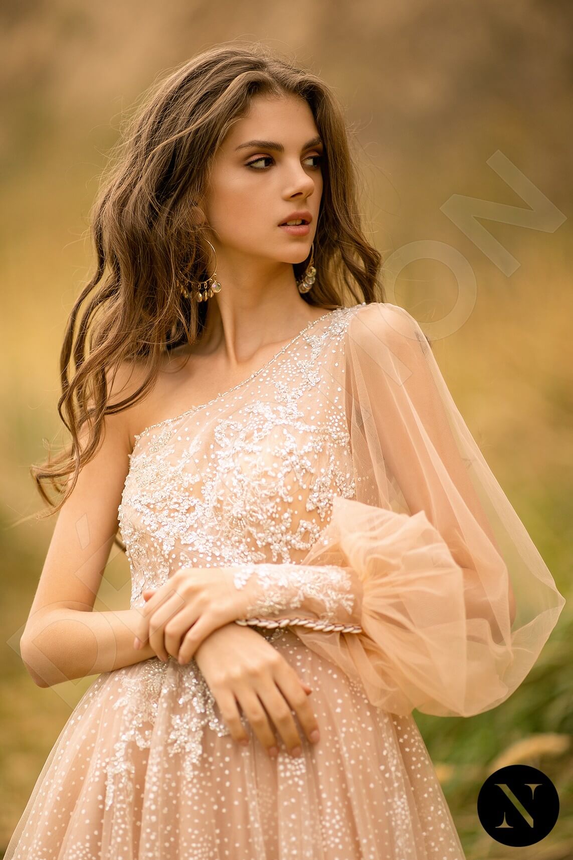 Michella A-line Asymmetric/One shoulder Nude Milk Wedding dress