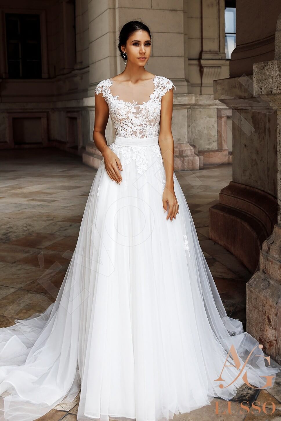 Afton Full back A-line Short/ Cap sleeve Wedding Dress Front