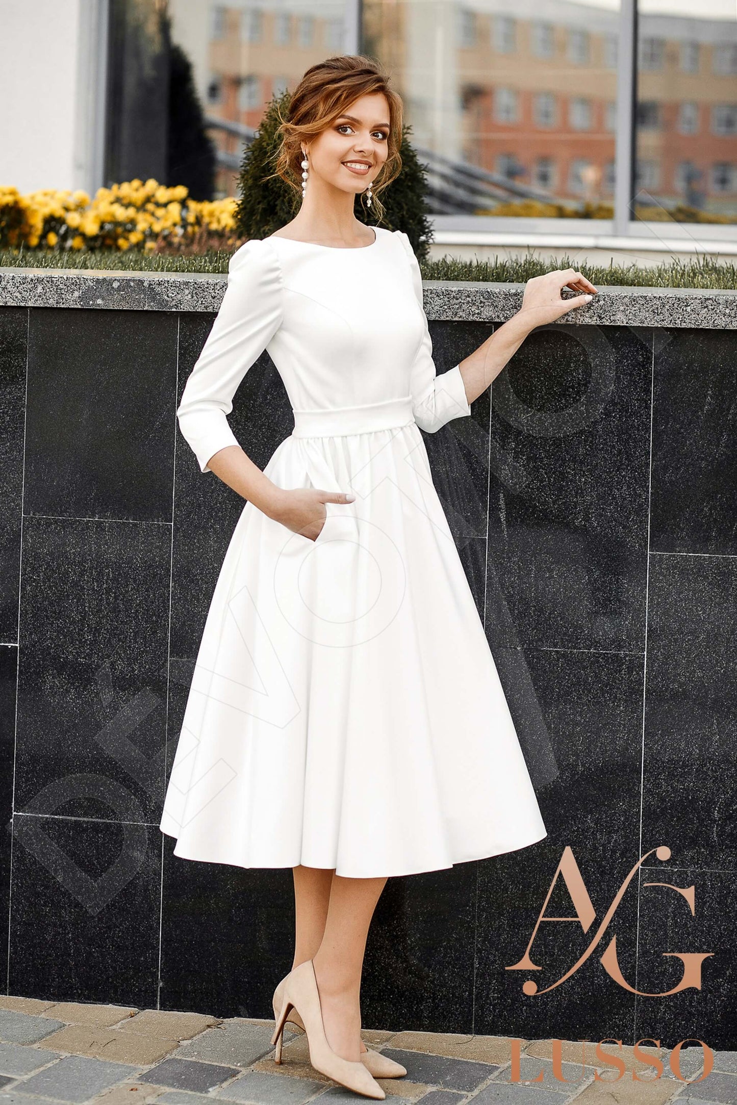 Agnetta Open back A-line 3/4 sleeve Wedding Dress Front