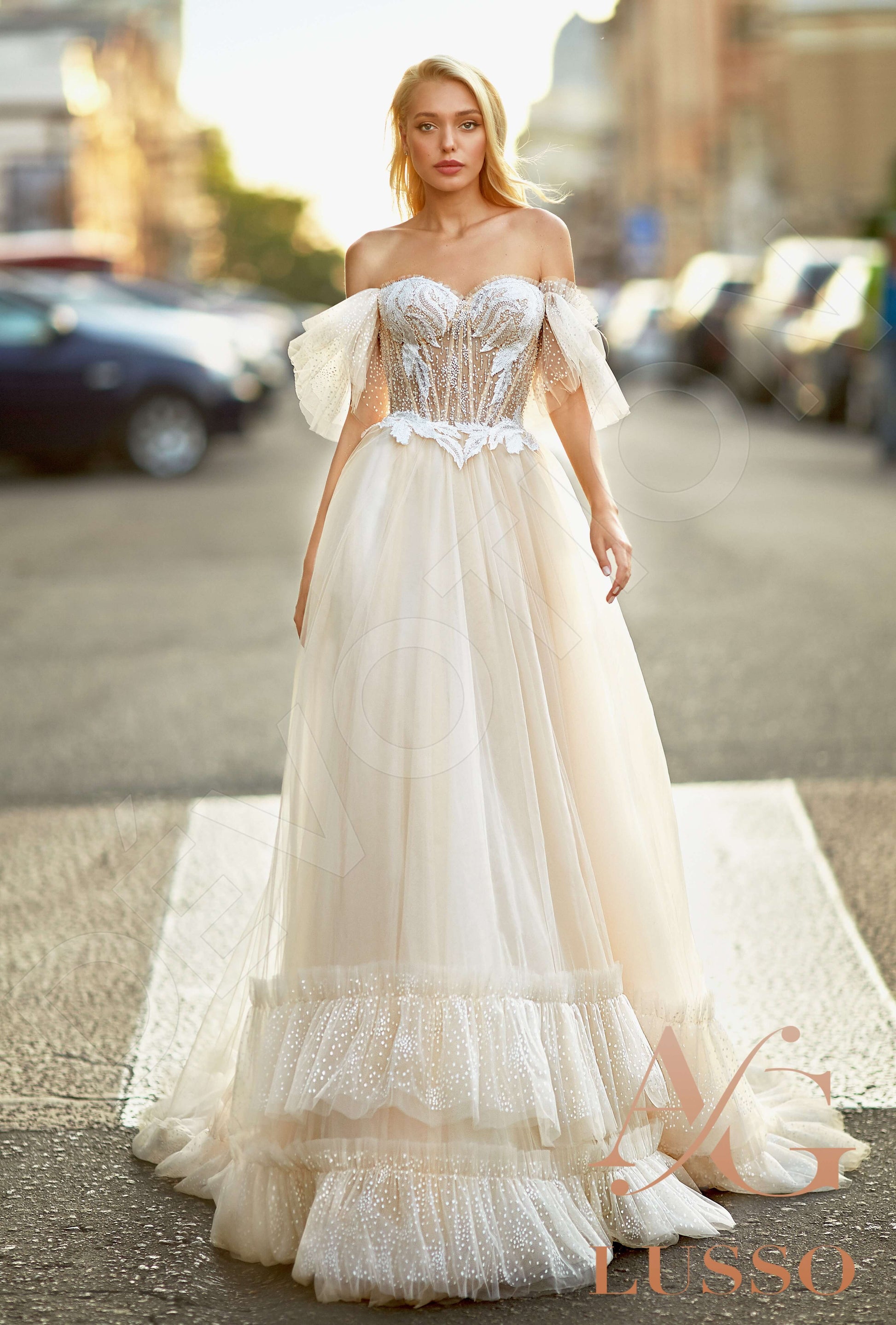 Dariana A-line Off-shoulder/Drop shoulders Milk Nude Wedding dress