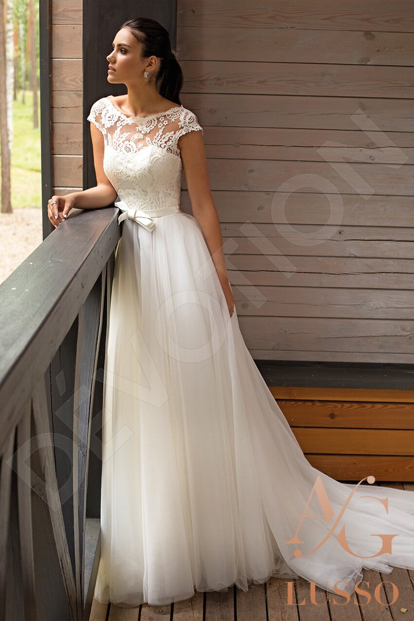 Idell Lace up back A-line Short/ Cap sleeve Wedding Dress Front