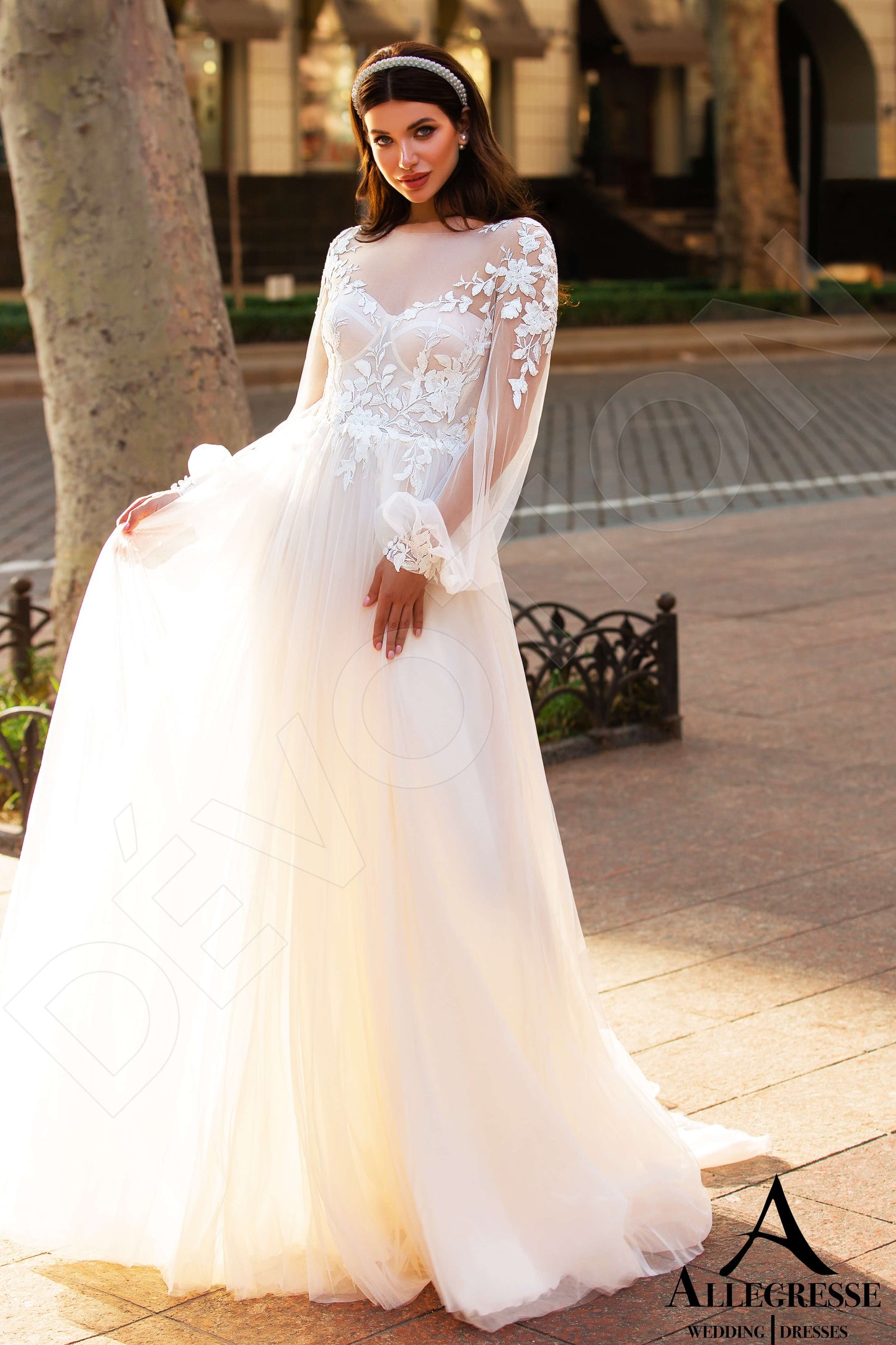 Solina Illusion back A-line Long sleeve Wedding Dress Front