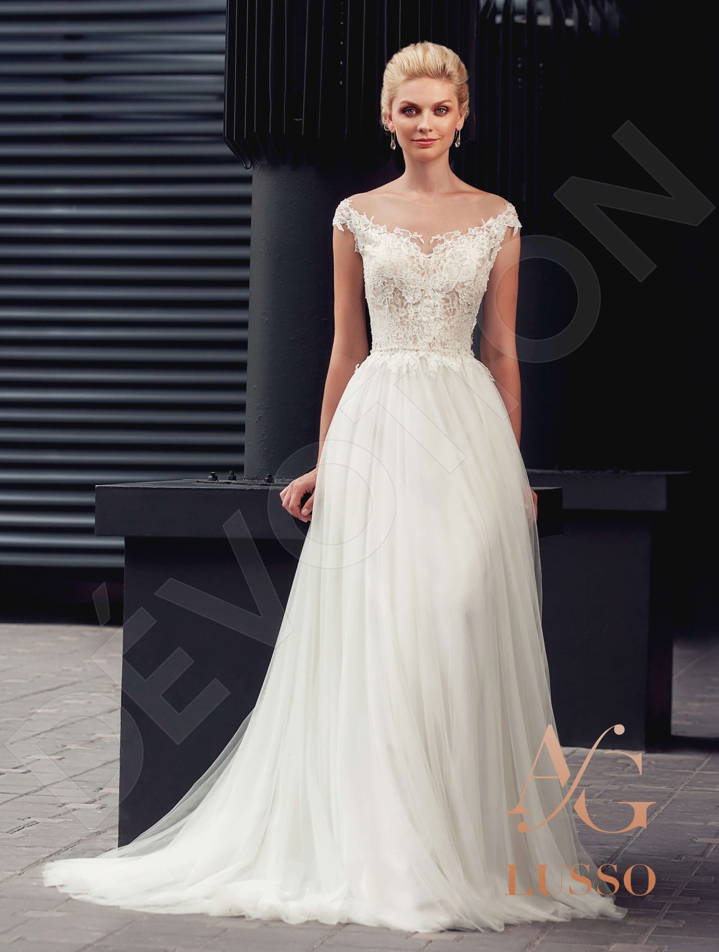 Vergaria Illusion back A-line Short/ Cap sleeve Wedding Dress Front