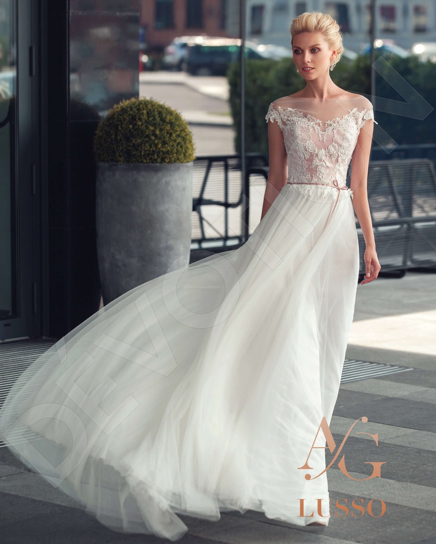 Zetta Open back A-line Short/ Cap sleeve Wedding Dress Front
