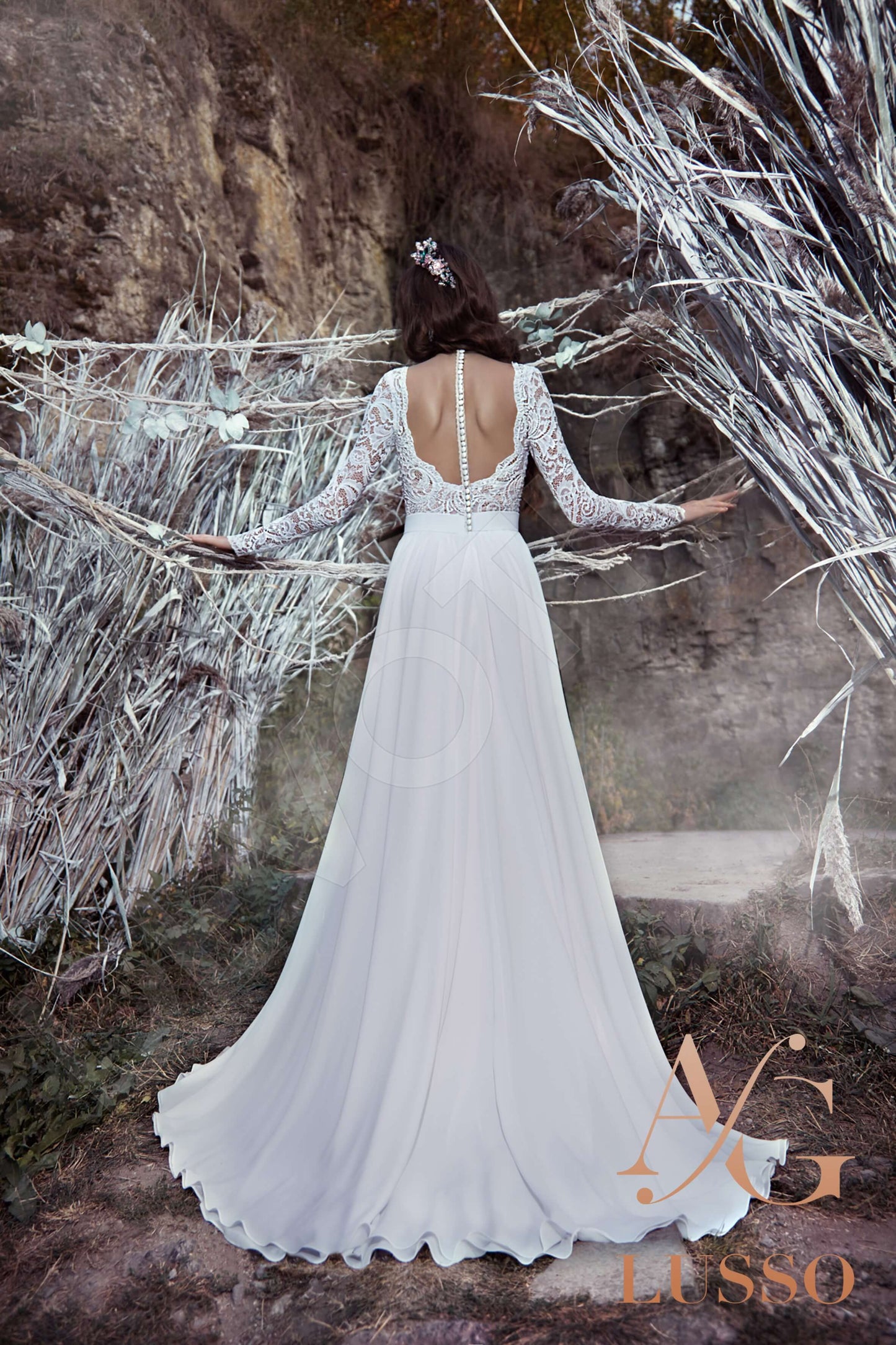 Dionia Long sleeve A-line Full back Wedding Dress Back