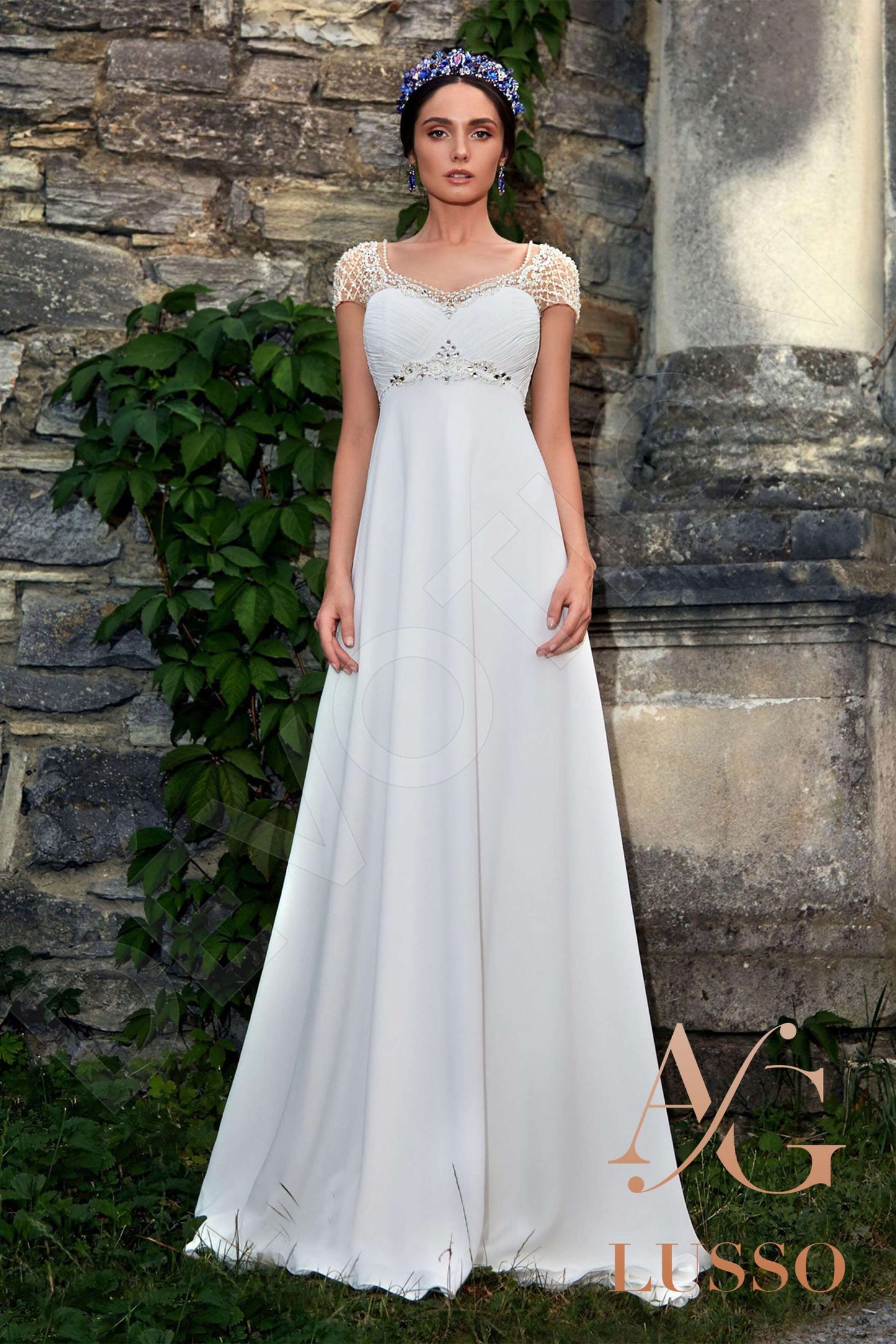 Almaria Short/ Cap sleeve A-line Open back Wedding Dress Front