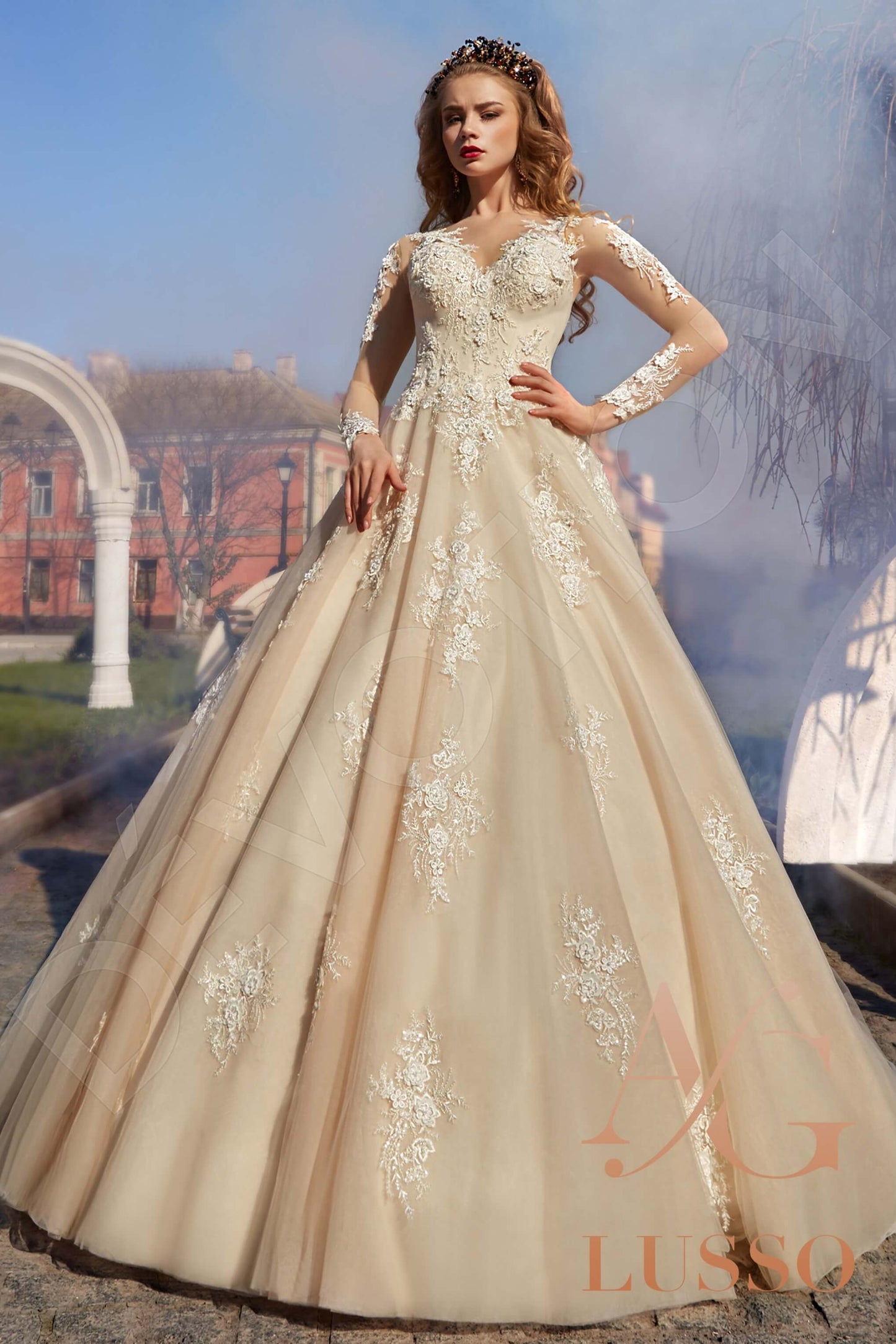 Imelly Illusion back Princess/Ball Gown Long sleeve Wedding Dress Front
