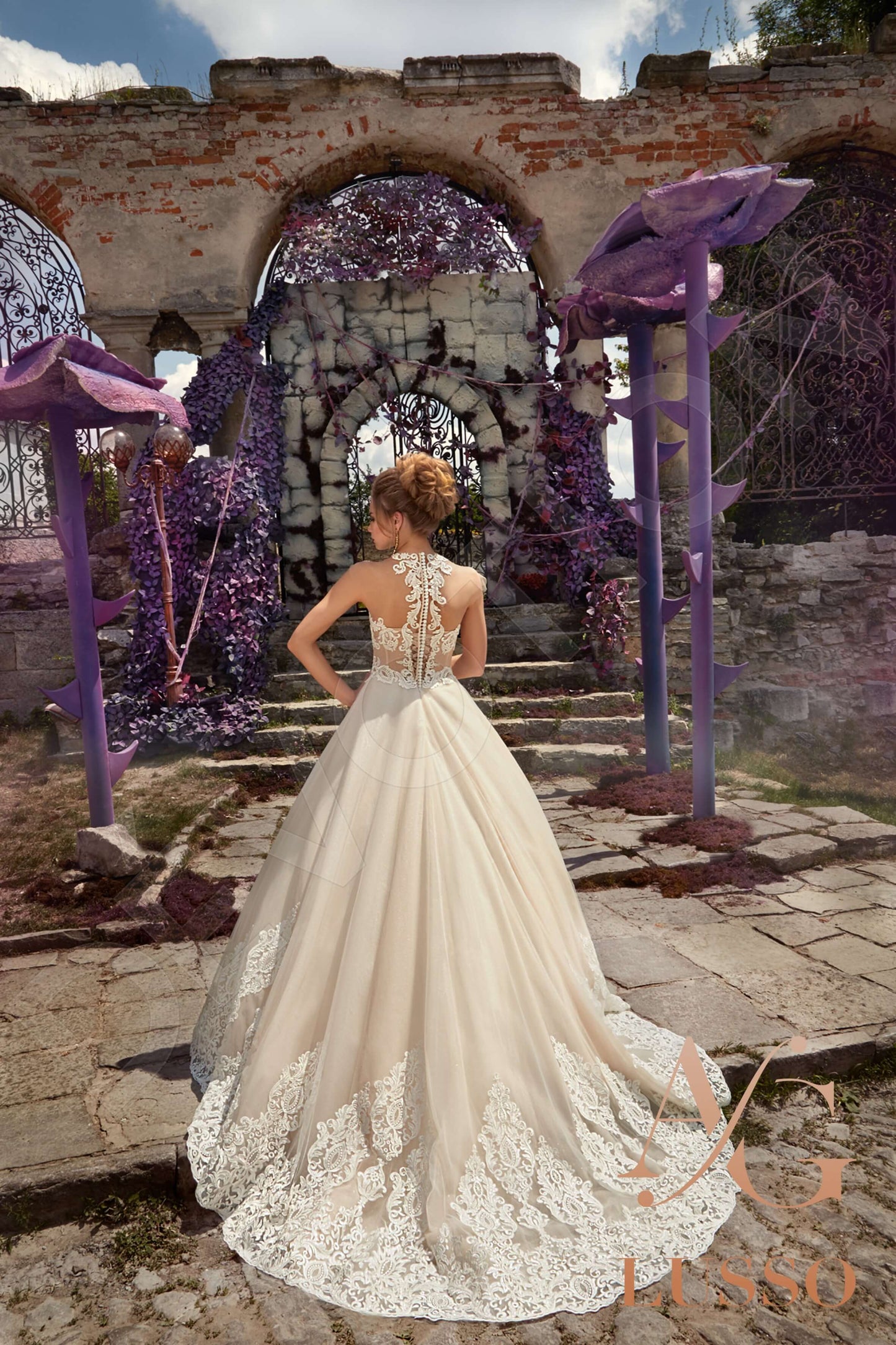 Rania Illusion back Princess/Ball Gown Short/ Cap sleeve Wedding Dress Back