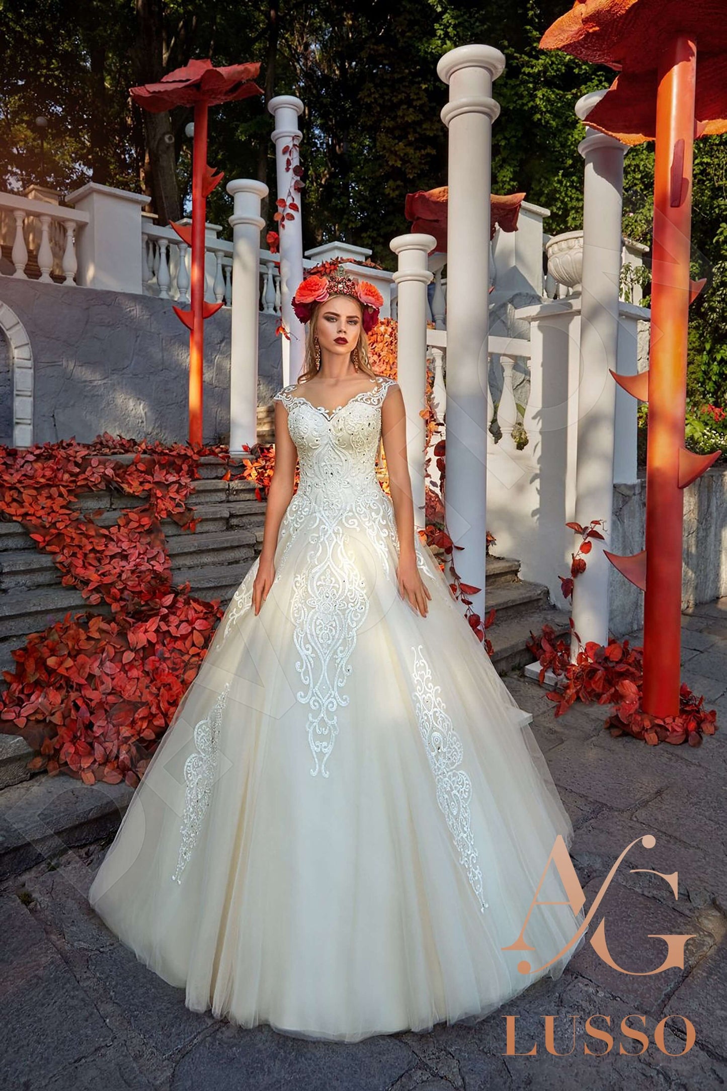 Melodia Illusion back Princess/Ball Gown Short/ Cap sleeve Wedding Dress 7