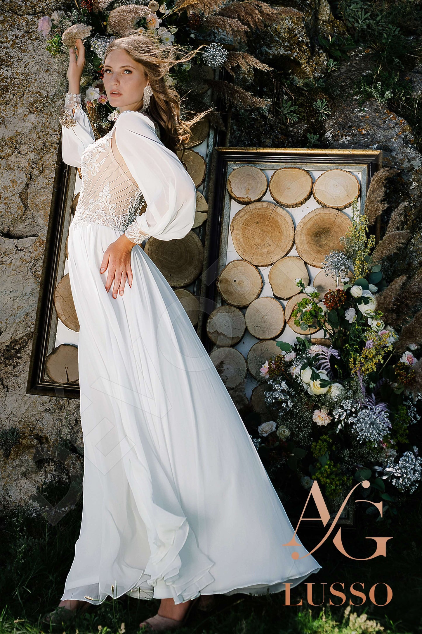 Binda Illusion back A-line Long sleeve + Décor Wedding Dress 4