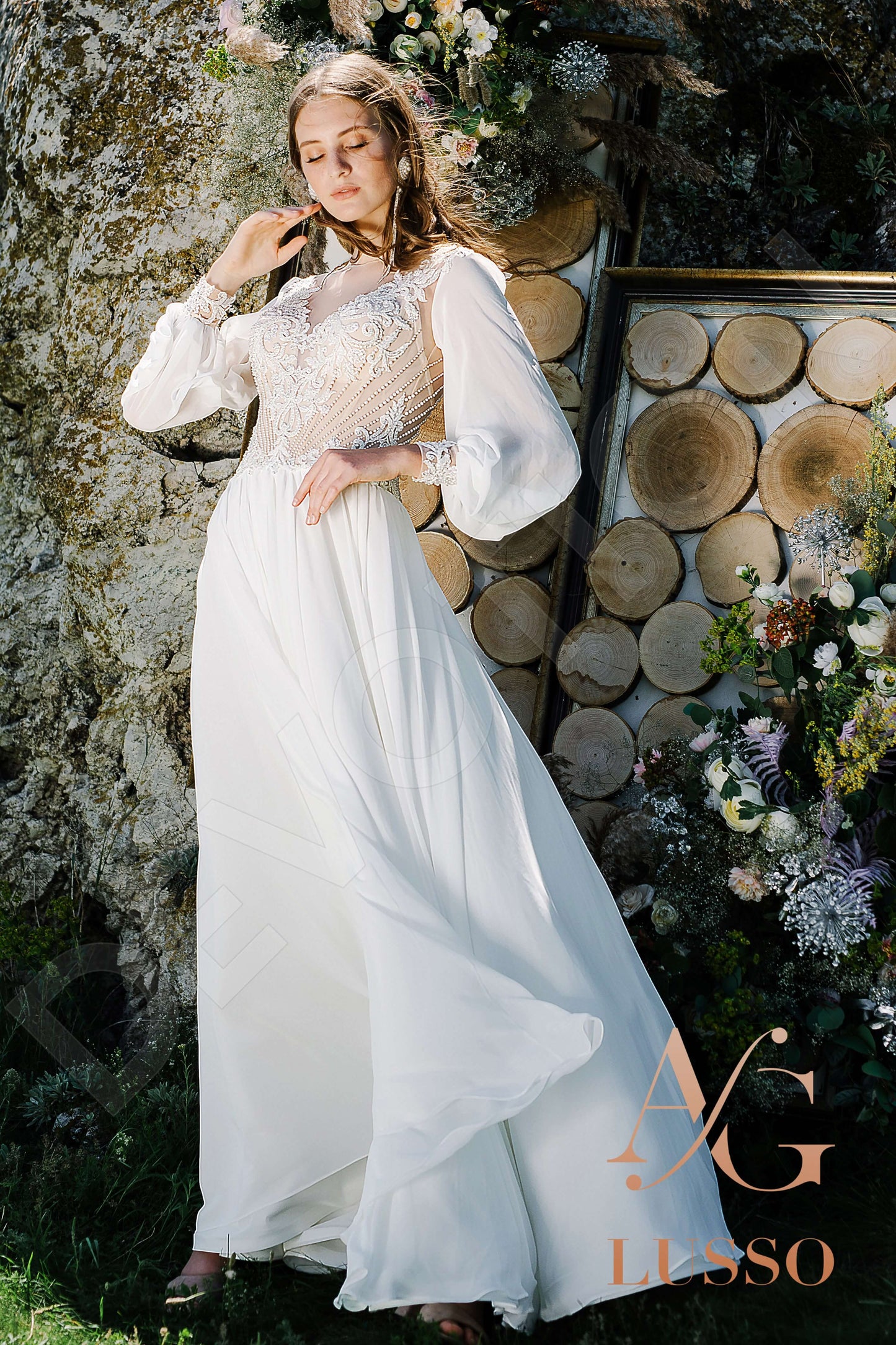 Binda Illusion back A-line Long sleeve + Décor Wedding Dress 7