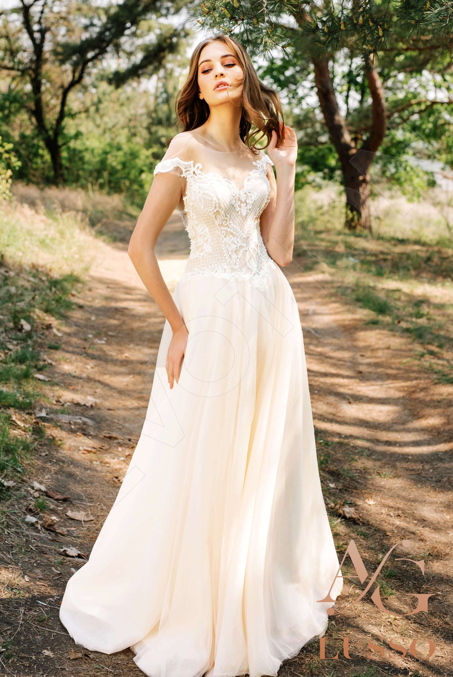 Kalifa Illusion back A-line Short/ Cap sleeve Wedding Dress Front