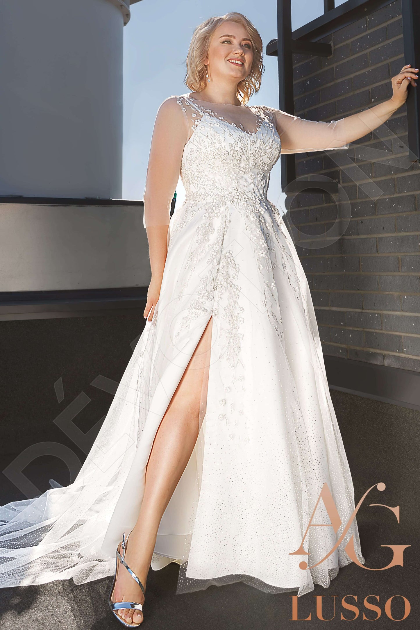Manya Illusion back A-line 3/4 sleeve Wedding Dress Front