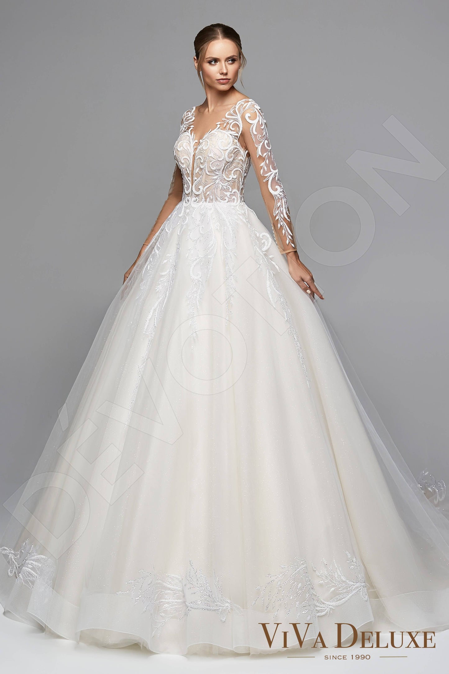 Eveline Illusion back Princess/Ball Gown Long sleeve Wedding Dress Front