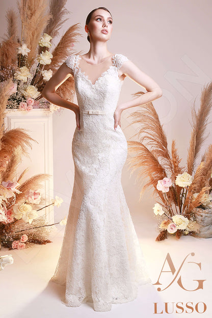 Dolinna Illusion back Trumpet/Mermaid Short/ Cap sleeve Wedding Dress Front