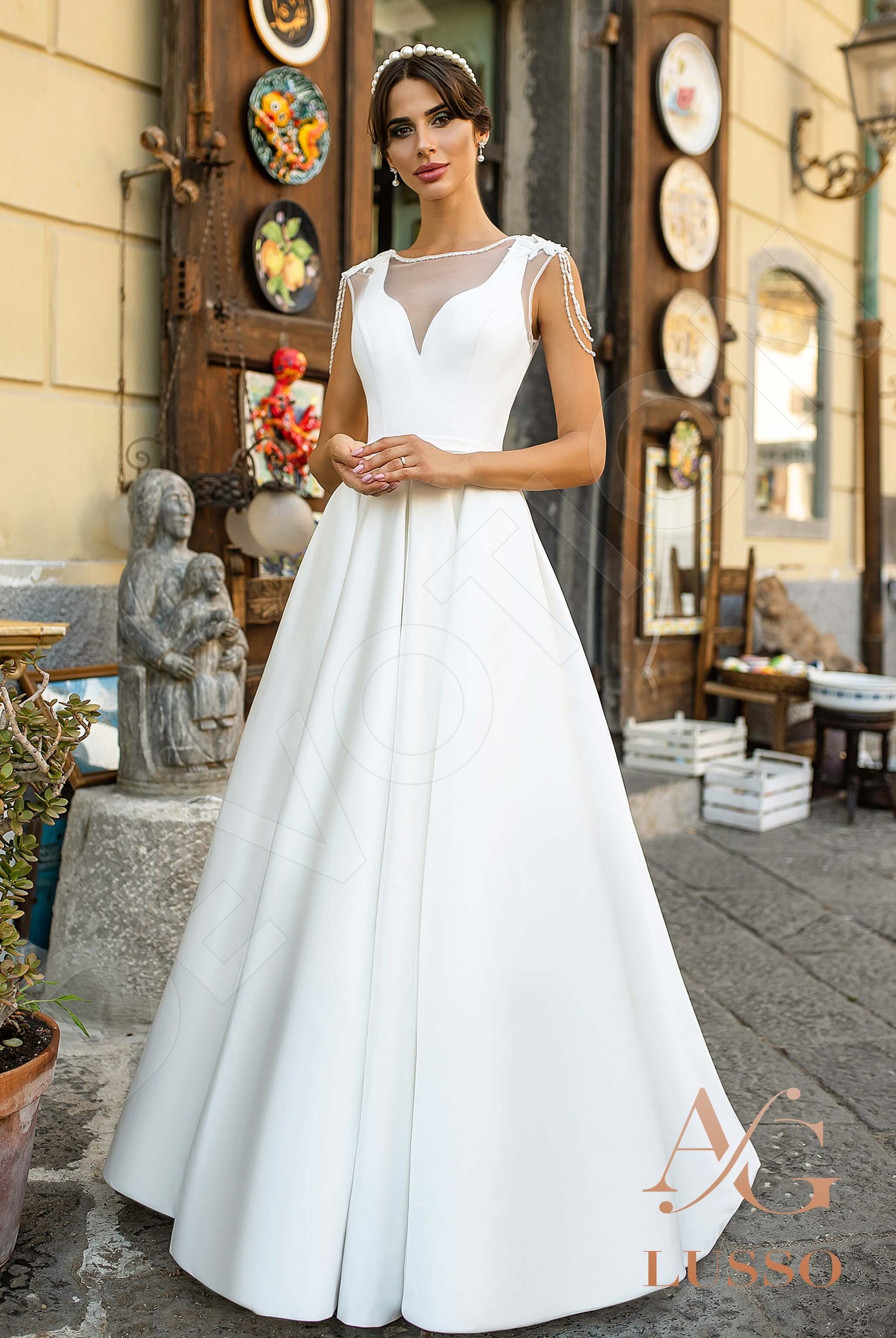 Evangelina A-line Boat/Bateau Ivory Wedding dress