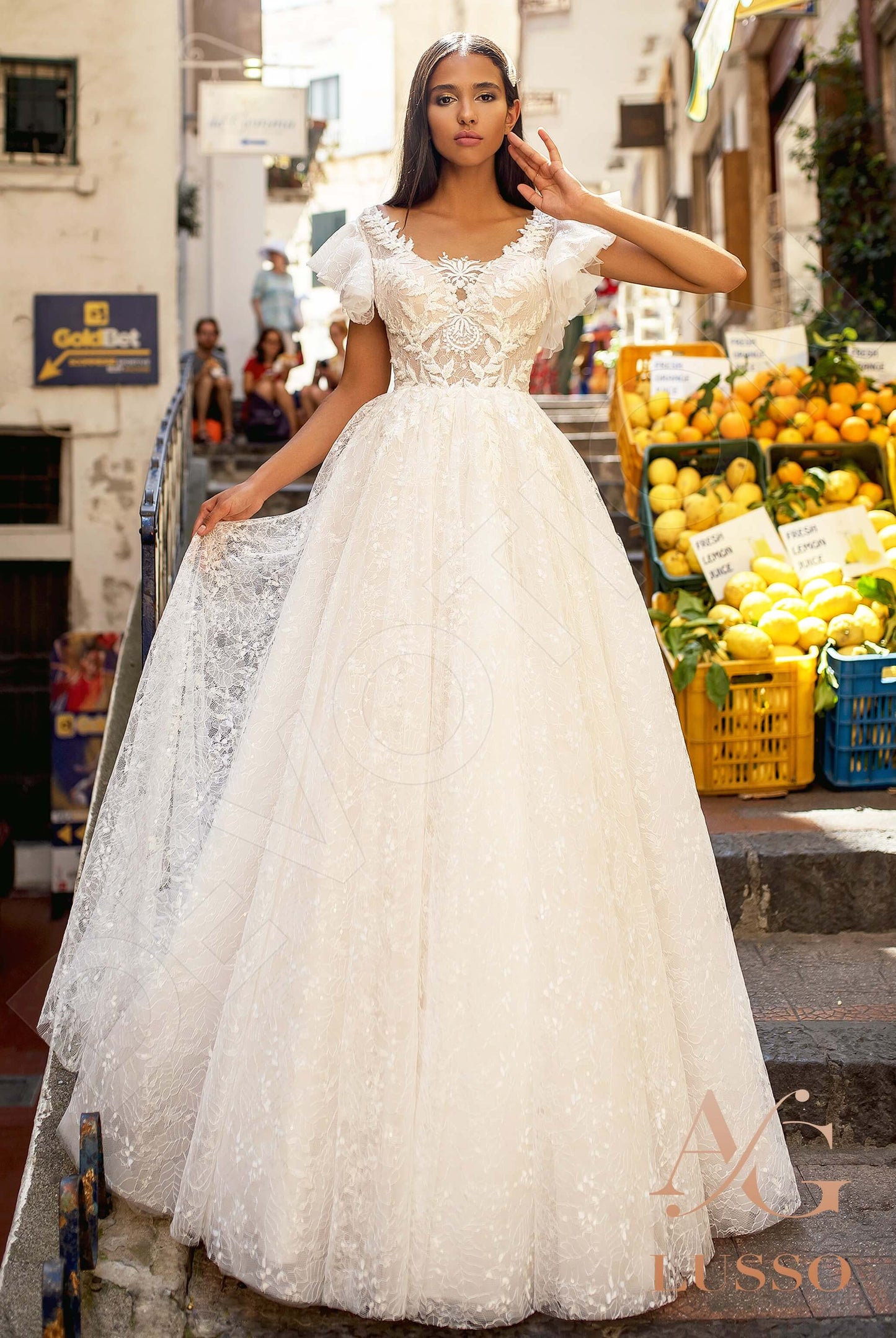 Alessa Open back A-line Short/ Cap sleeve Wedding Dress Front