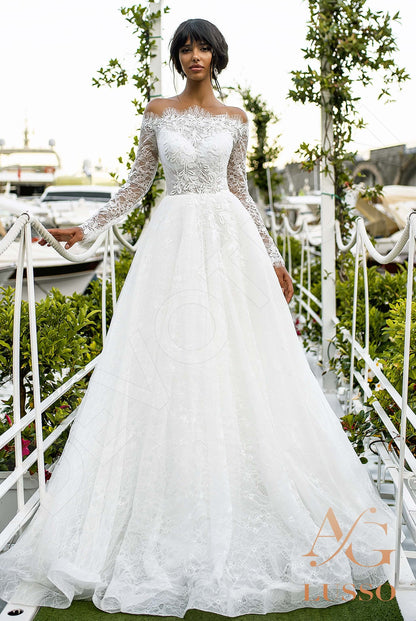 Fedora Full back A-line Long sleeve Wedding Dress Front