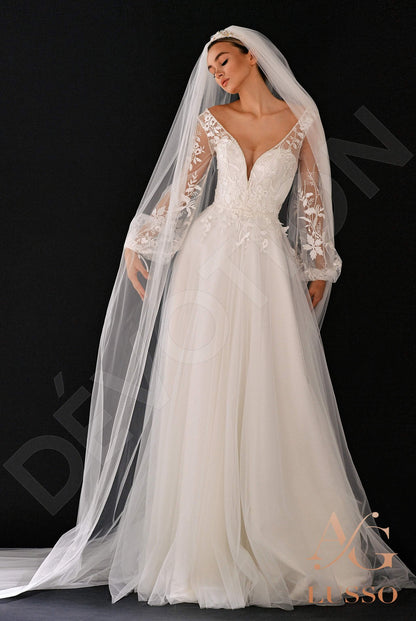 Flar Open back A-line Long sleeve Wedding Dress Front