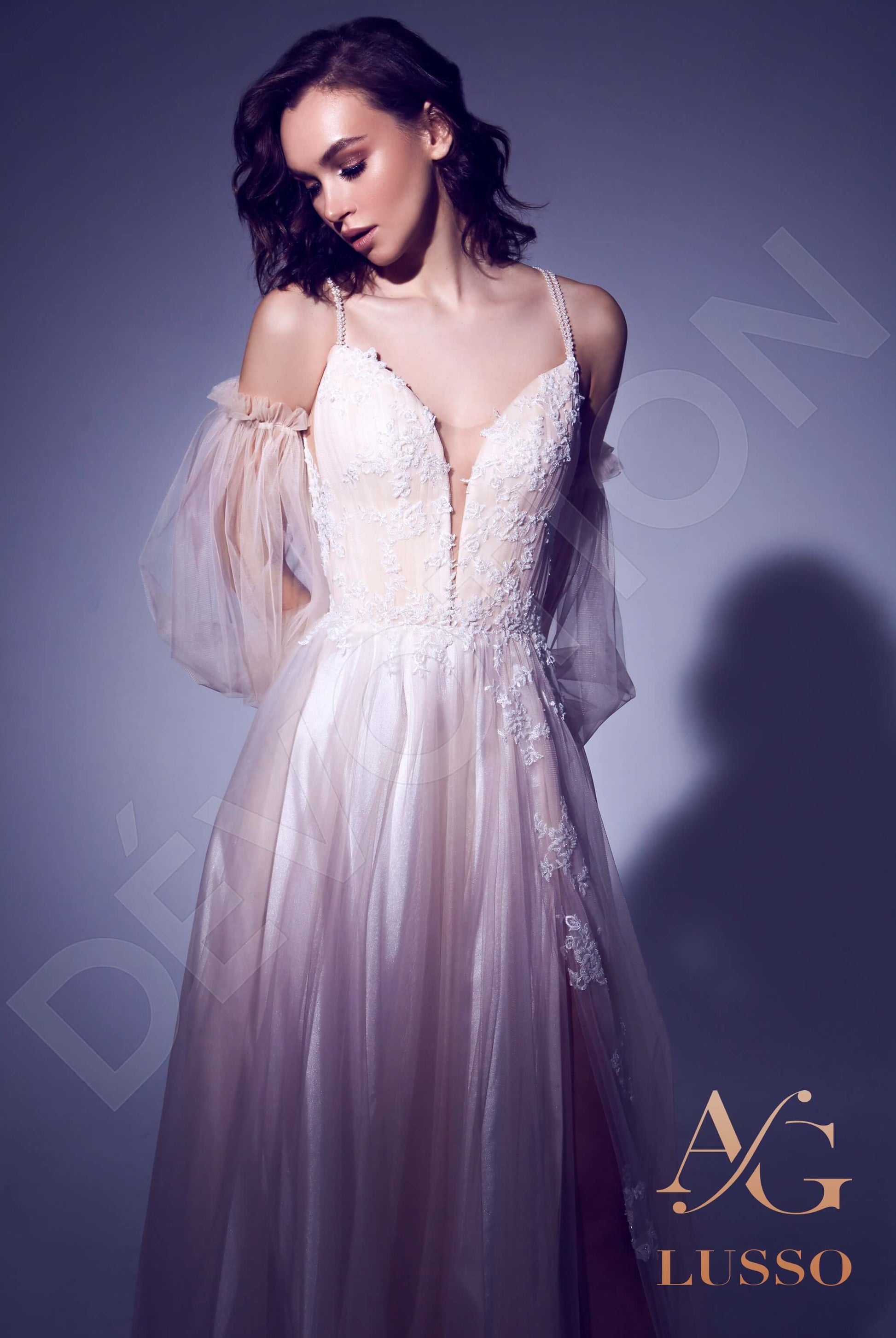 Evelitta A-line Deep V-neck Ivory Cappuccino Wedding dress